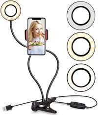 Selfie Ring Light med LED-lys med lysstyrkekontroll + fleksible armer | Perfekt for streaming / vlog / youtube / makeup