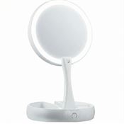 UNIQ Sammenleggbart Sminkespeil med LED – Tosidig 1x/10x Forstørrelse + 3 Oppbevaringsrom (Hvit)